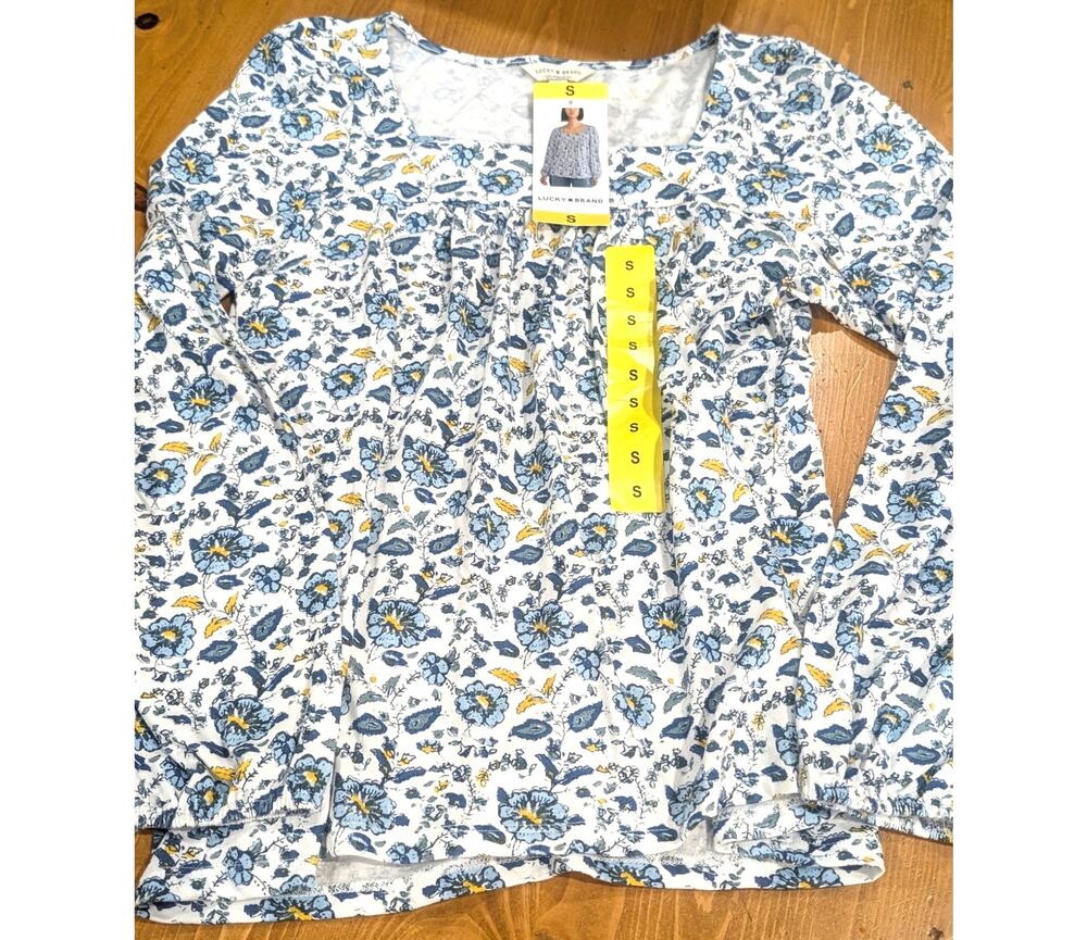 Lucky Brand Peasant Top, NWT, Women's Small, White with Blue Floral Print